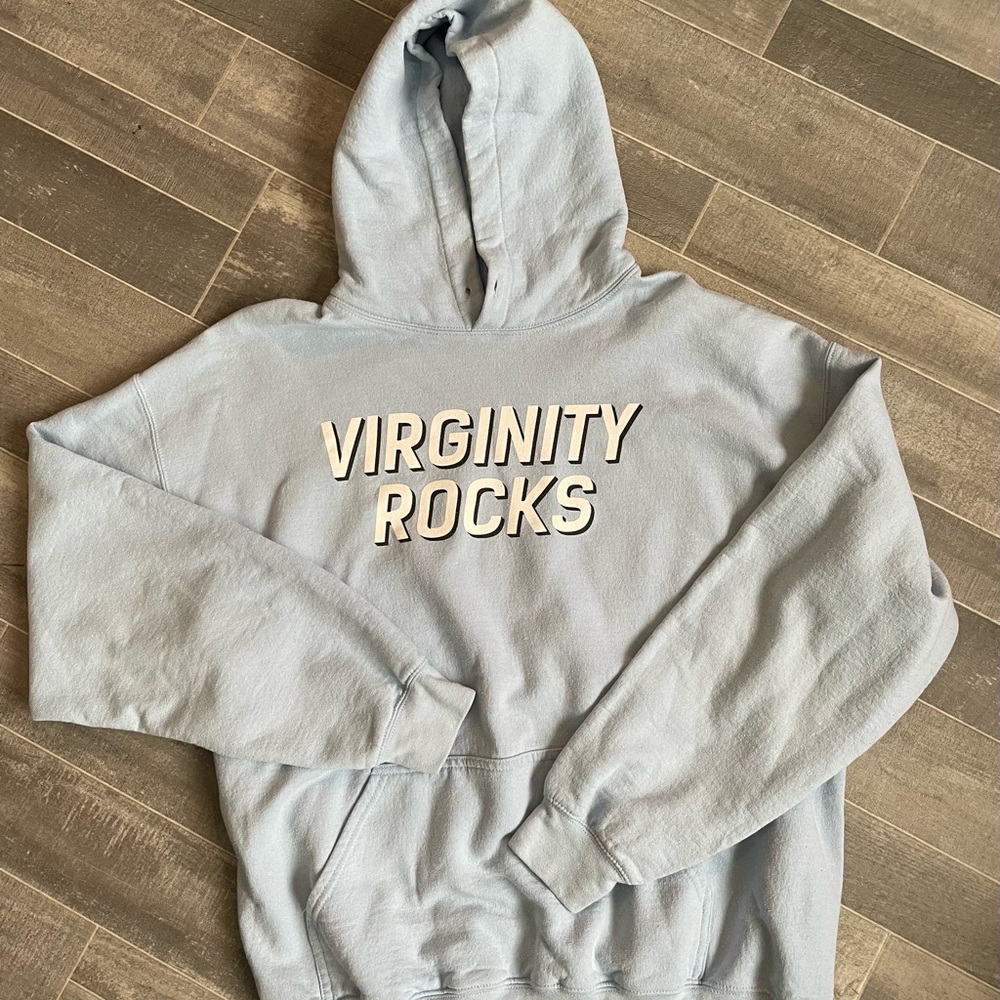 Virginity Rocks Sweater Mens Large Light Blue  Danny Duncan Hoodie Pullover